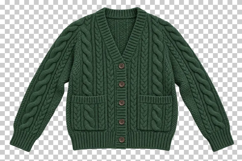 Forest green button-front cardigan made of chunky wool knit with plain buttons, laid flat and photographed from above with a transparent background.