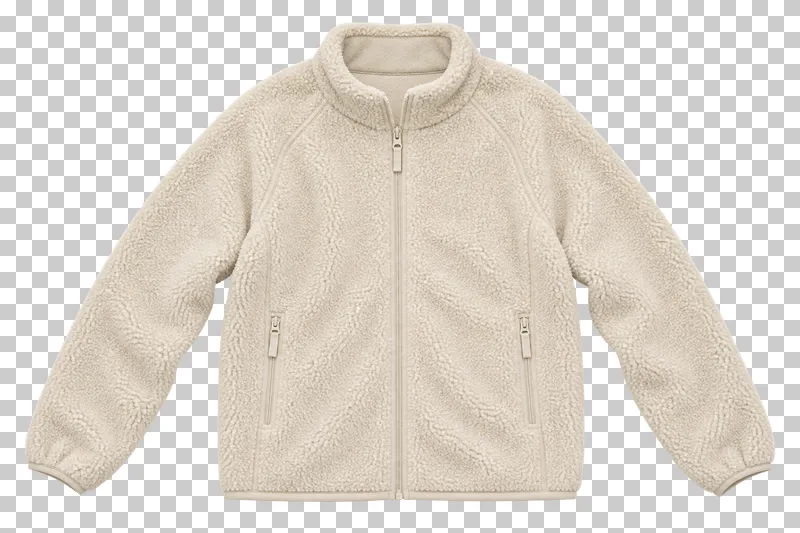 Cream fleece jacket made of textured polyester fleece, laid flat and photographed from above with a transparent background.