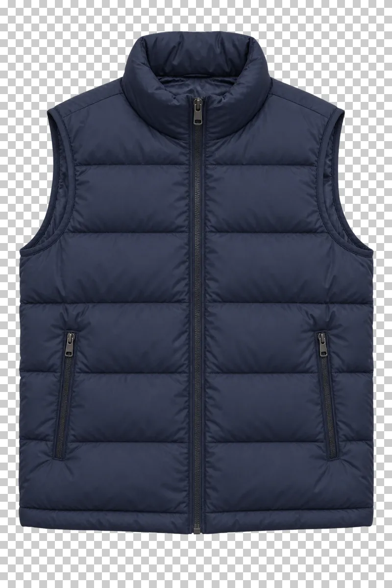 Navy down vest made of matte nylon with down filling, laid flat and photographed from above with a transparent background.