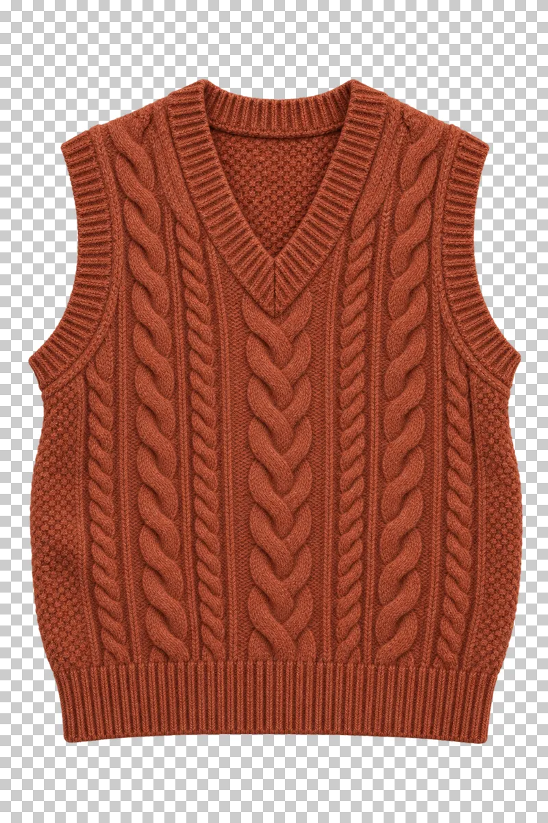 Rust knitted vest made of textured wool knit, laid flat and photographed from above with a transparent background.
