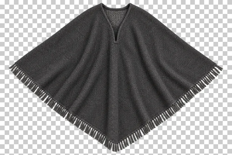 Charcoal poncho made of woven wool with short fringe, laid flat and photographed from above with a transparent background.