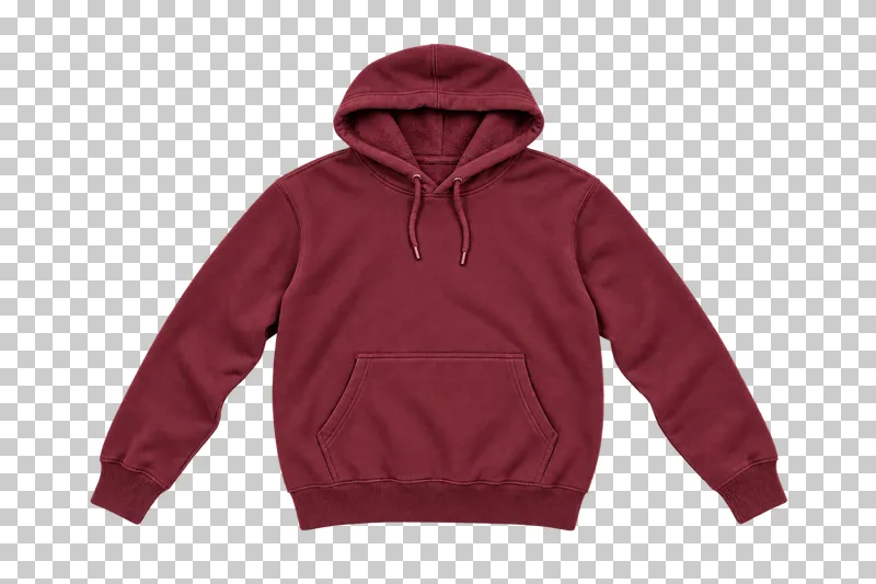 Burgundy hoodie made of heavy cotton fleece with brushed interior, laid flat and photographed from above with a transparent background.