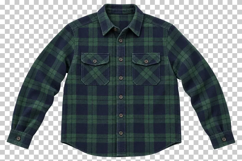 Forest green and navy heavy flannel shirt made of thick brushed cotton flannel in a woven check, laid flat and photographed from above with a transparent background.