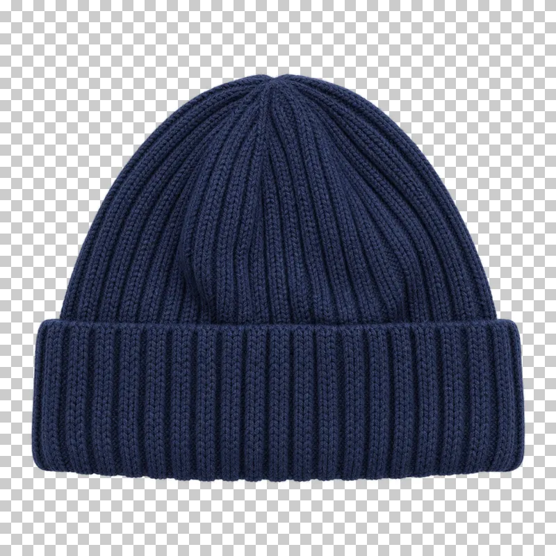 Navy cuffed knit beanie made of rib-knit wool, laid flat and photographed from above with a transparent background.