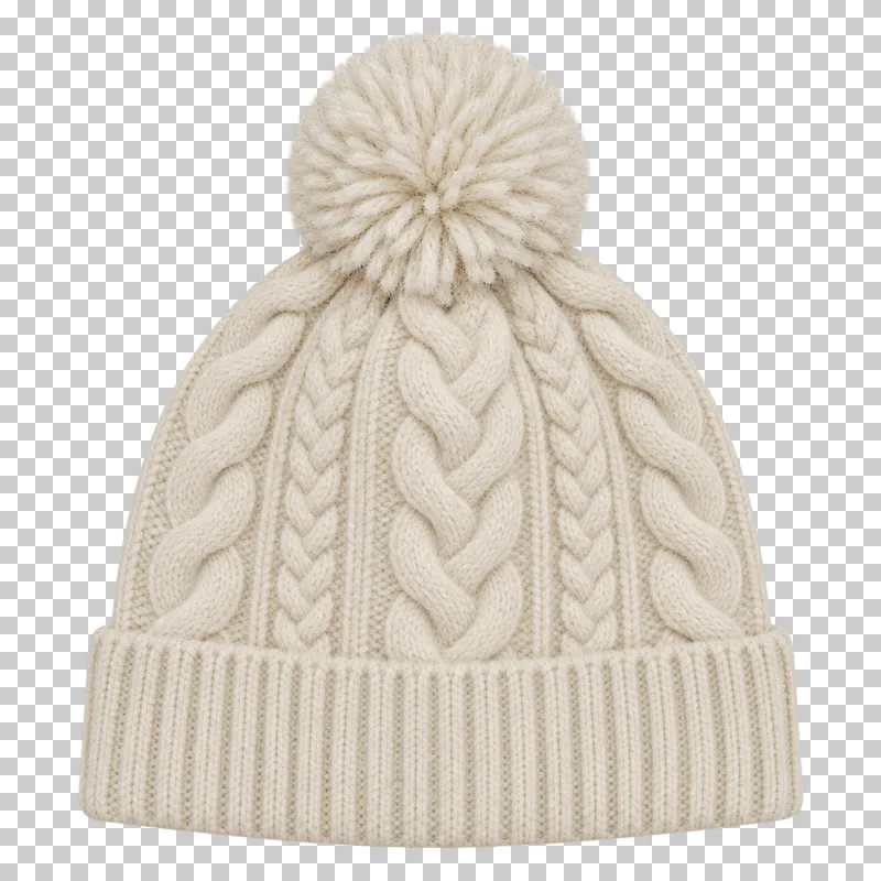 Cream pom-pom beanie made of wool knit with a wool yarn pom-pom, laid flat and photographed from above with a transparent background.