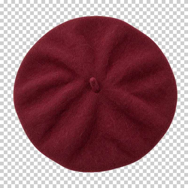 Burgundy wool beret made of felted wool, laid flat and photographed from above with a transparent background.