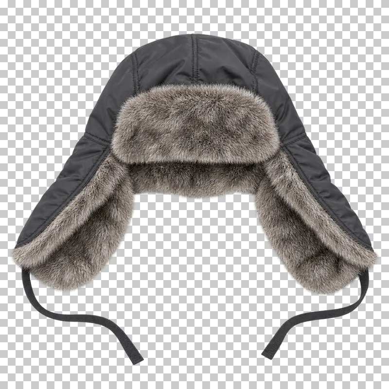 Charcoal ear-flap hat made of nylon shell with faux fur lining, laid flat and photographed from above with a transparent background.