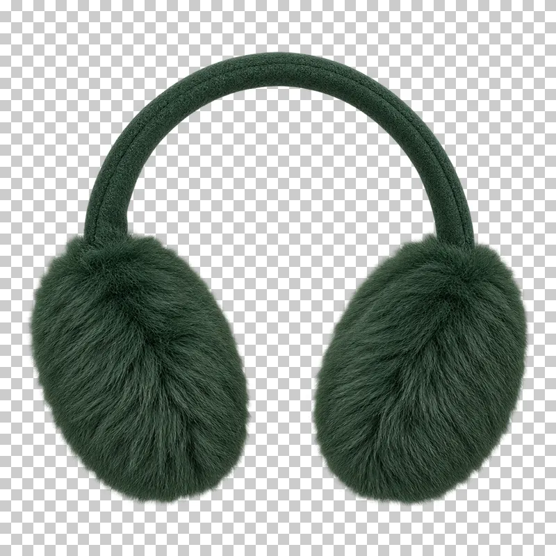 Forest green winter earmuffs made of faux fur pads with a fabric-covered band, laid flat and photographed from above with a transparent background.