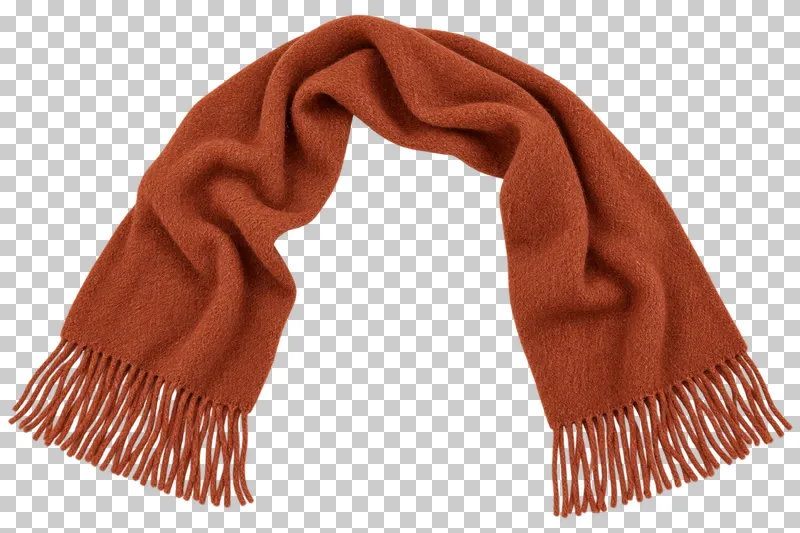 Rust long scarf made of brushed woven wool with fringe, laid flat and photographed from above with a transparent background.