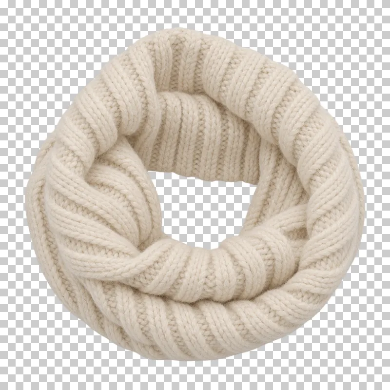 Cream snood made of chunky rib-knit wool, laid flat and photographed from above with a transparent background.