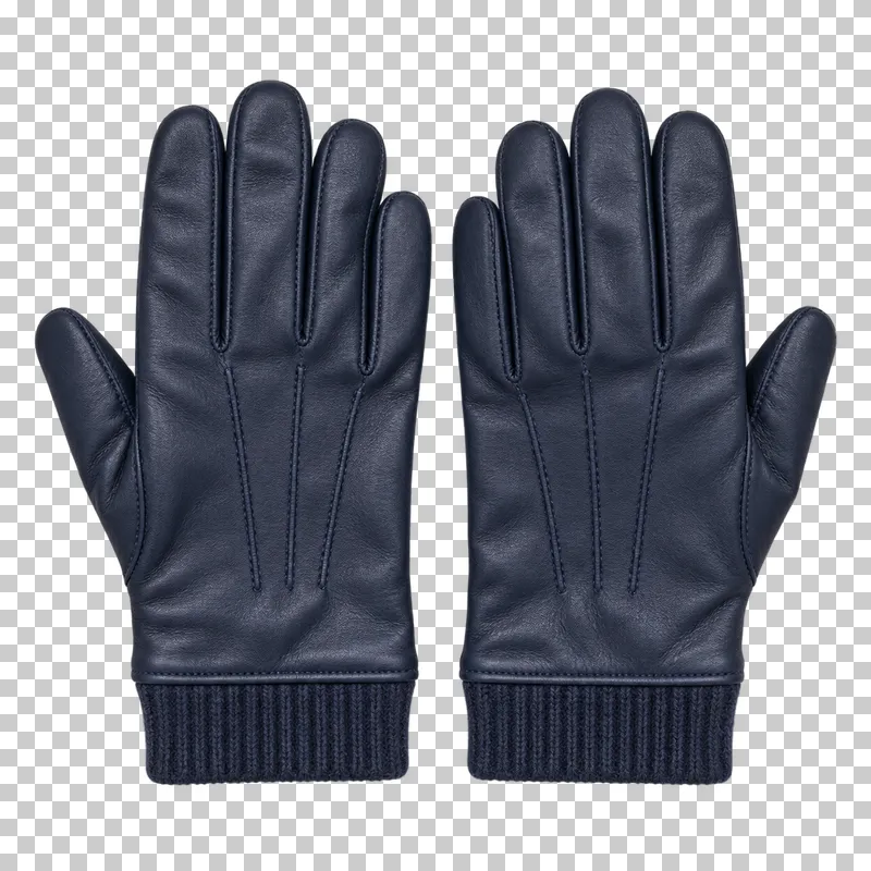 Navy leather gloves pair made of supple leather with stitched seams and wool lining, laid flat and photographed from above with a transparent background.