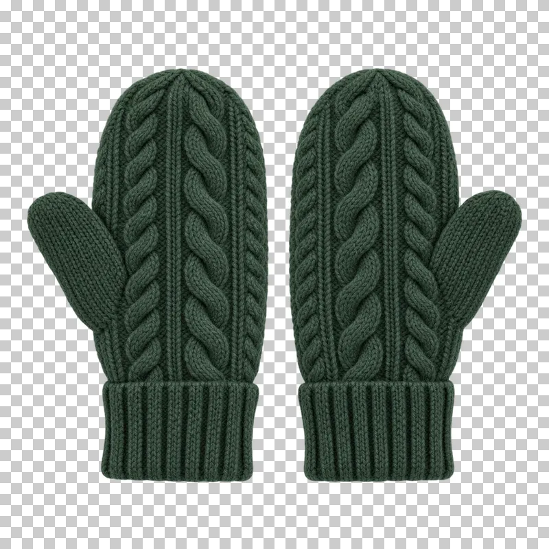 Forest green mittens pair made of thick wool knit with fleece lining, laid flat and photographed from above with a transparent background.
