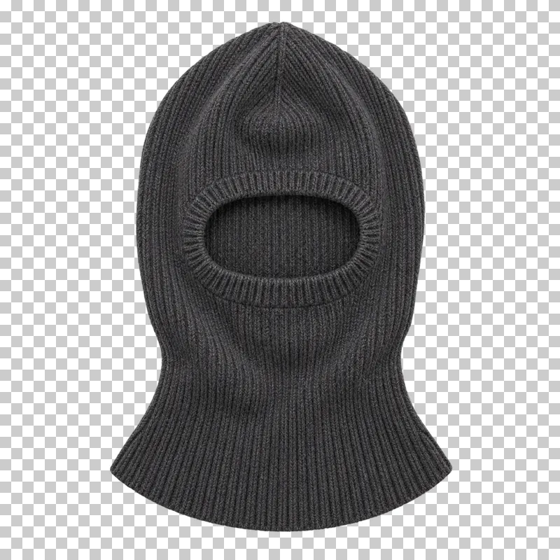 Charcoal balaclava made of fine rib-knit merino wool, laid flat and photographed from above with a transparent background.