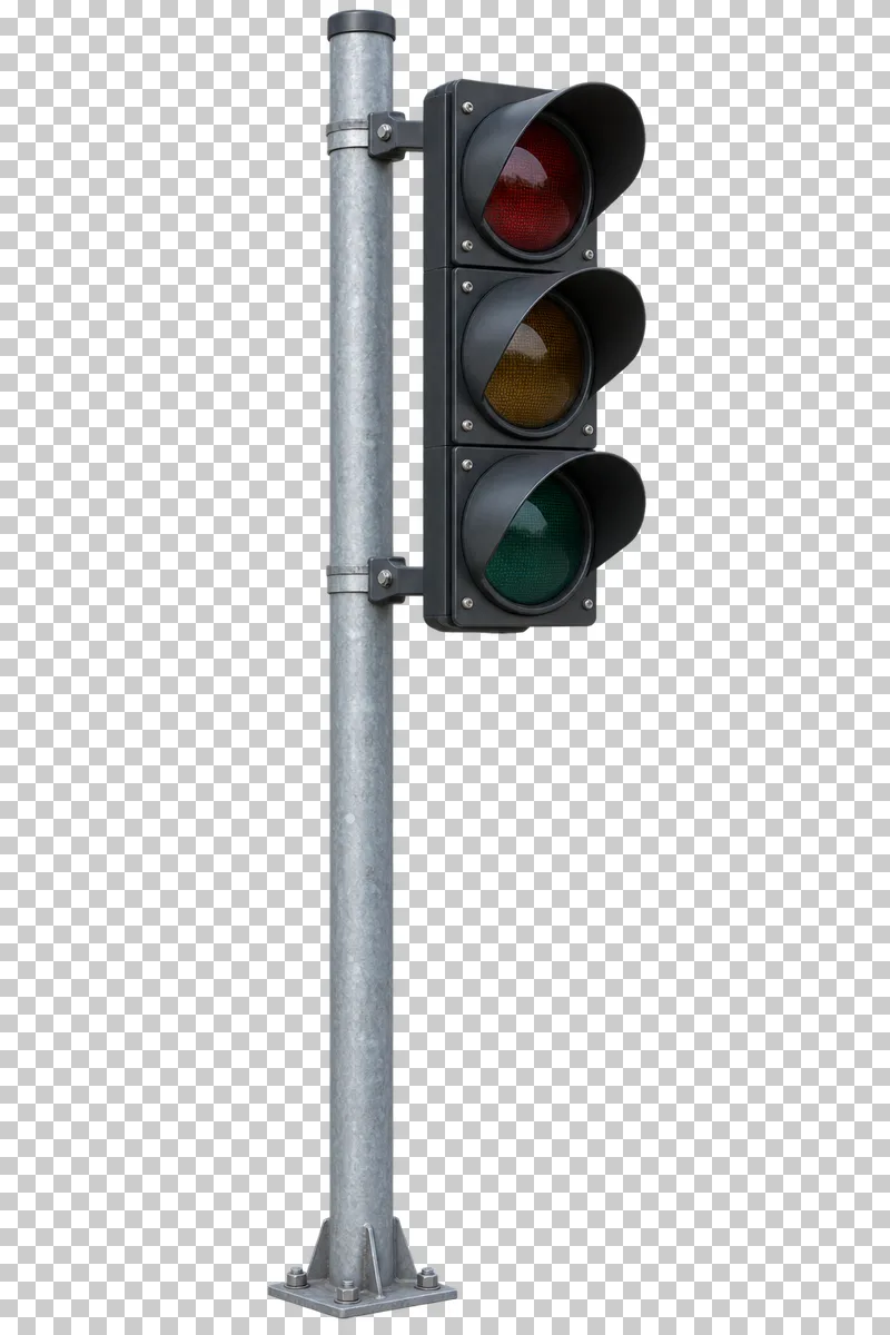 Three-aspect traffic light on pole shown from a slight angle as a photorealistic cutout.
