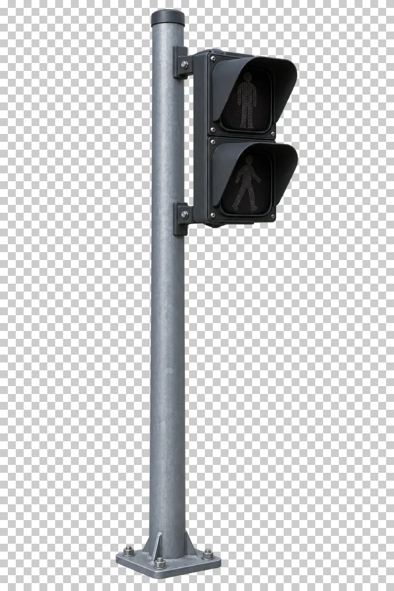 Pedestrian traffic light on pole shown from a slight angle as a photorealistic cutout.
