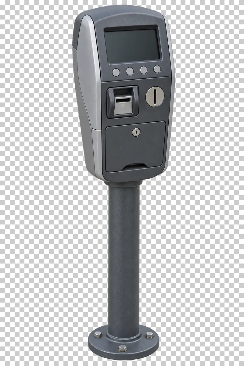 Parking meter shown from a slight angle as a photorealistic cutout.