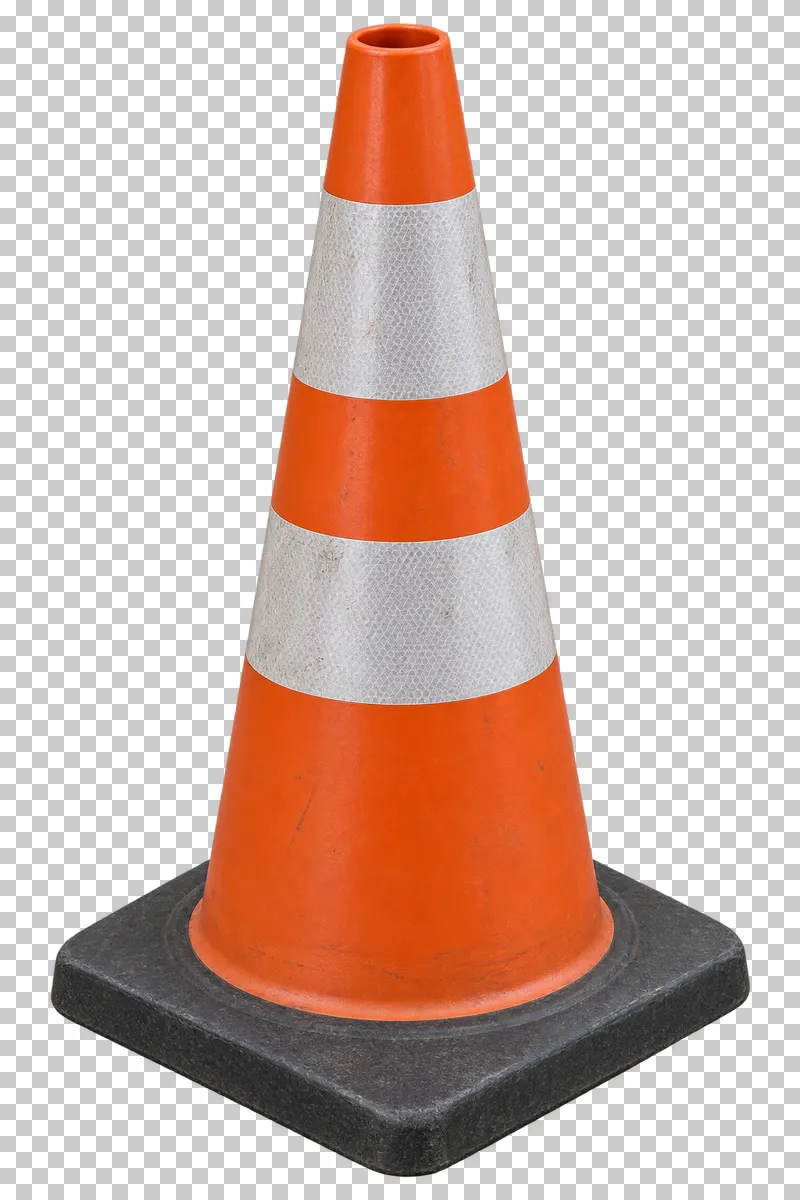 Traffic cone shown from a slight angle as a photorealistic cutout.