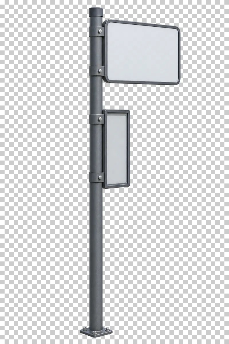 Bus stop pole with blank panel shown from a slight angle as a photorealistic cutout.