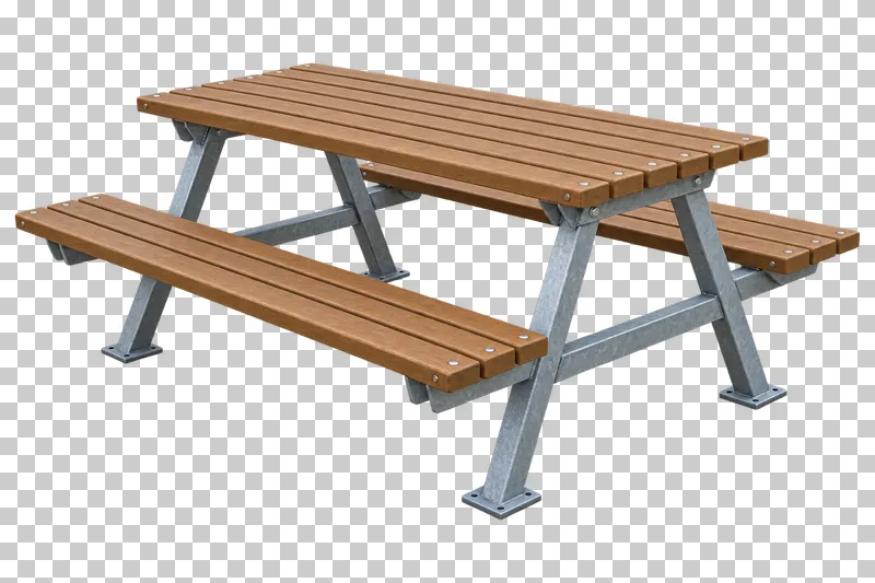 Picnic table with benches shown from a slight angle as a photorealistic cutout.