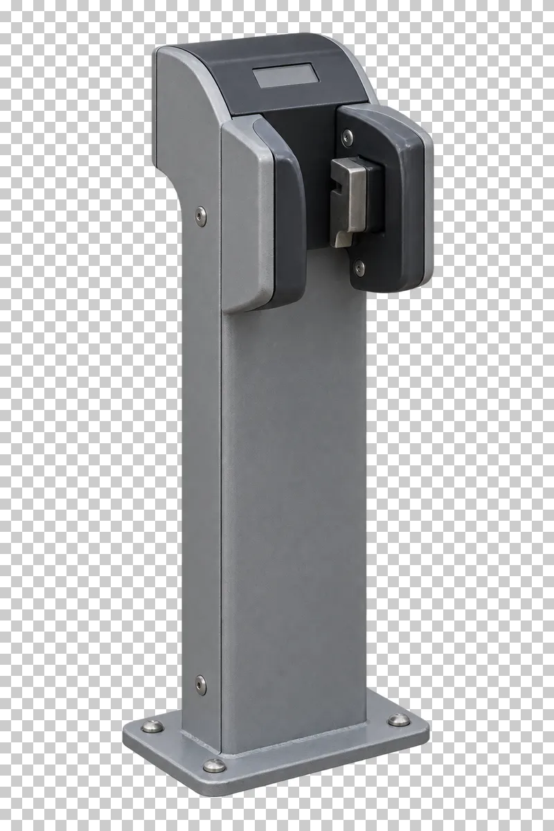 Single bicycle docking station without bicycle shown from a slight angle as a photorealistic cutout.