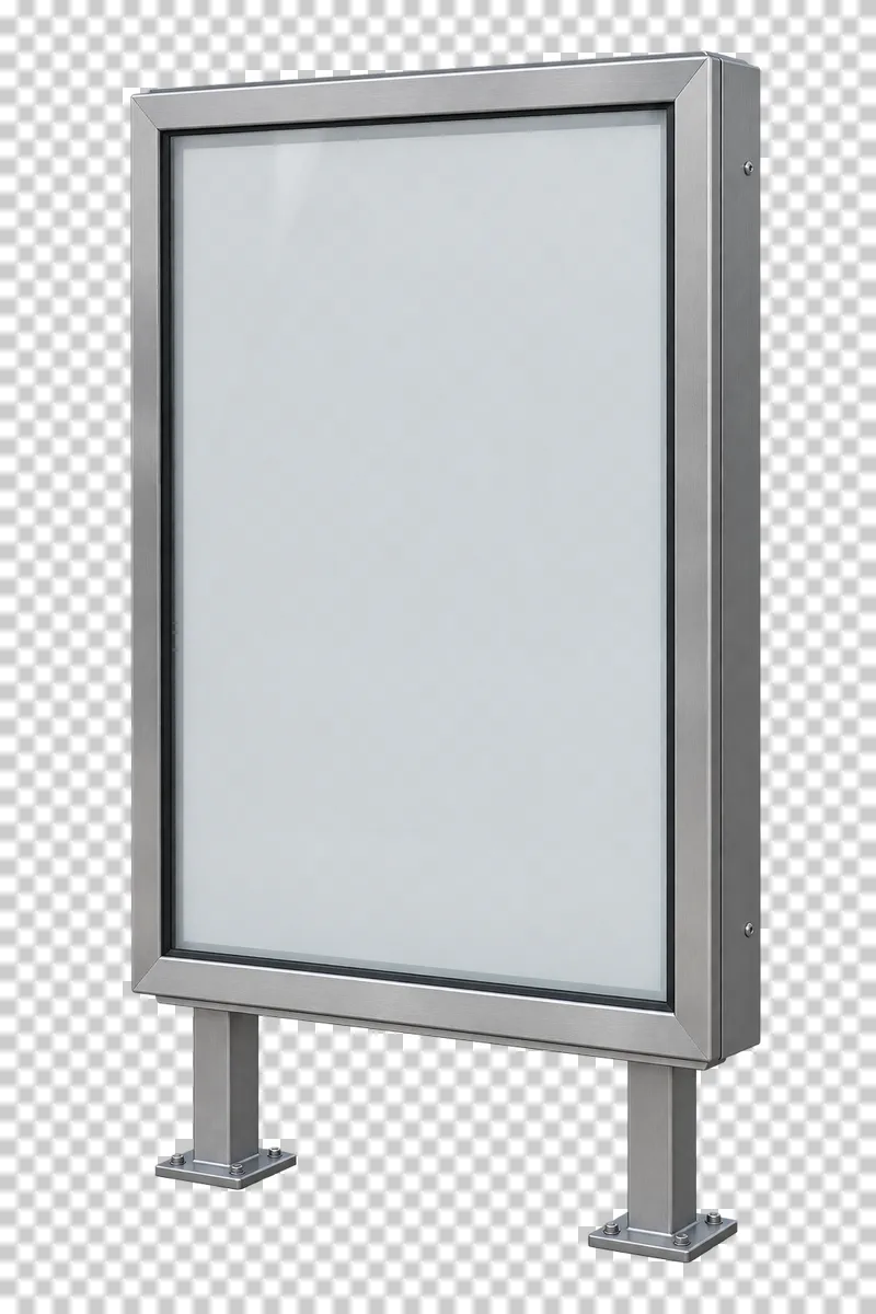 Freestanding advertising lightbox with blank panel shown from a slight angle as a photorealistic cutout.