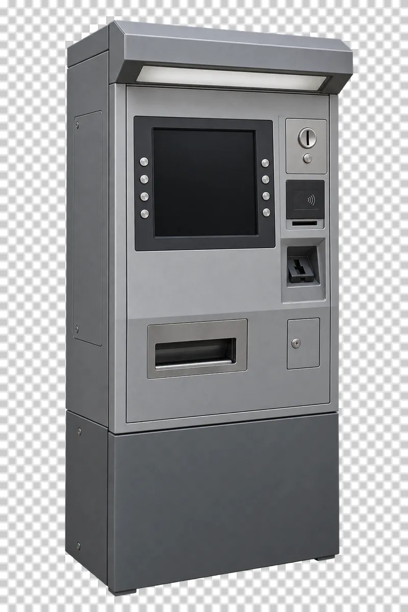 Ticket vending machine shown from a slight angle as a photorealistic cutout.