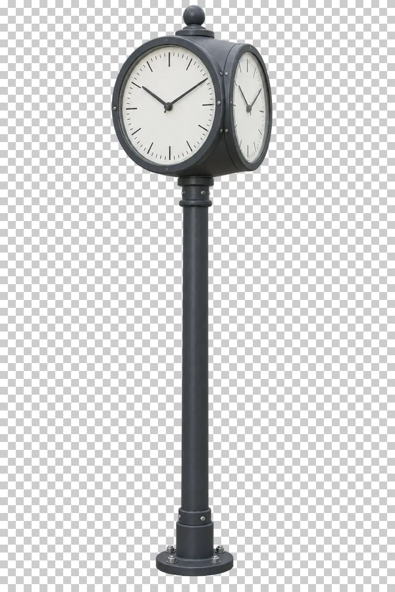 Street clock on pole shown from a slight angle as a photorealistic cutout.