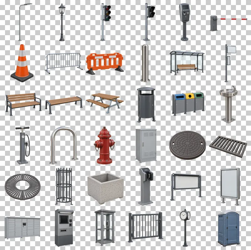 Urban Street Equipment Photo PNG Collection: all 36 elements in one grid