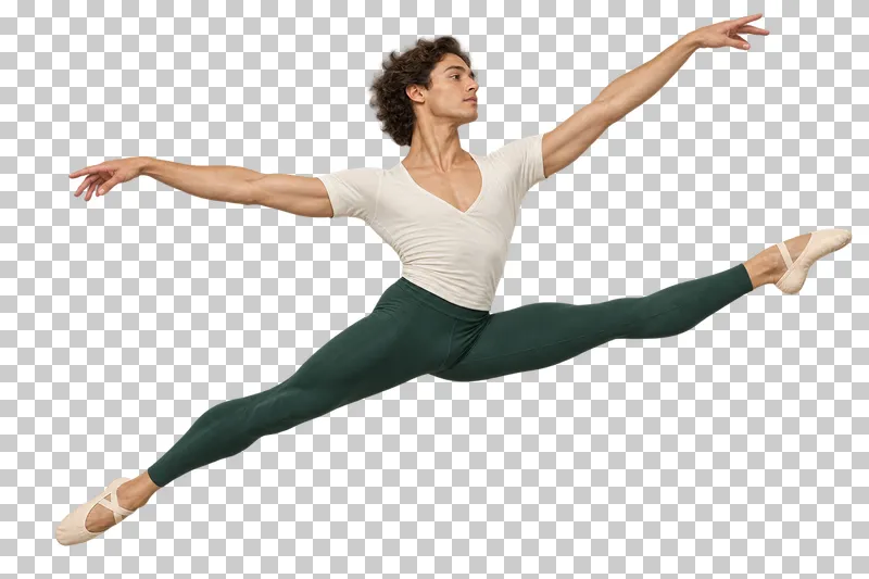 Male ballet dancer in a cream shirt and green tights performing a traveling grand jete with open arms.