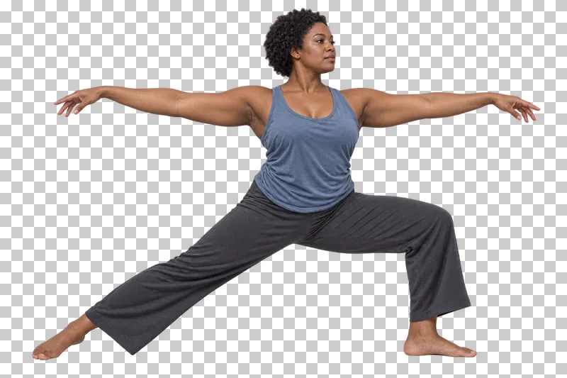 Contemporary dancer in a blue sleeveless top and charcoal trousers holding a grounded lunge with open arms.
