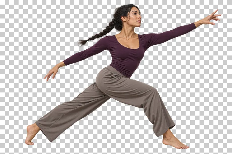 Contemporary dancer in a plum top and taupe trousers taking a long step with one arm reaching forward.