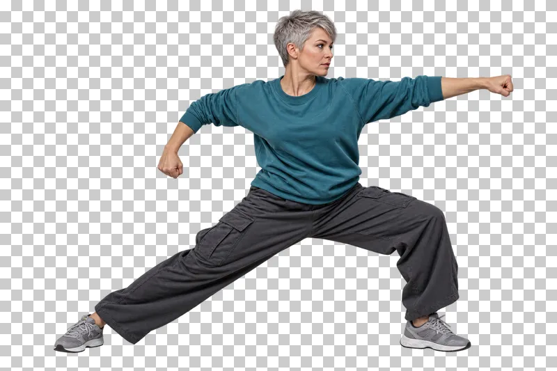 Hip-hop dancer in a teal sweatshirt and charcoal trousers taking a wide lateral step with opposing arms.