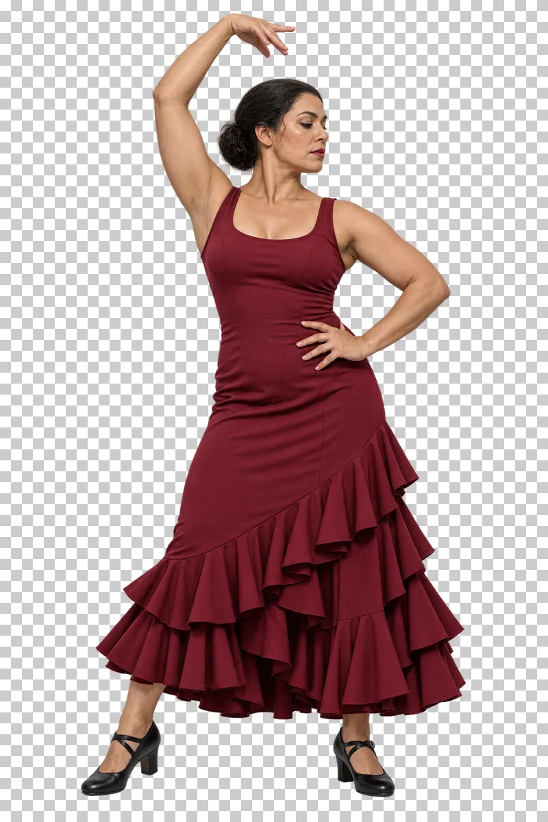 Flamenco dancer in a burgundy ruffled dress standing upright with one arm rounded overhead.