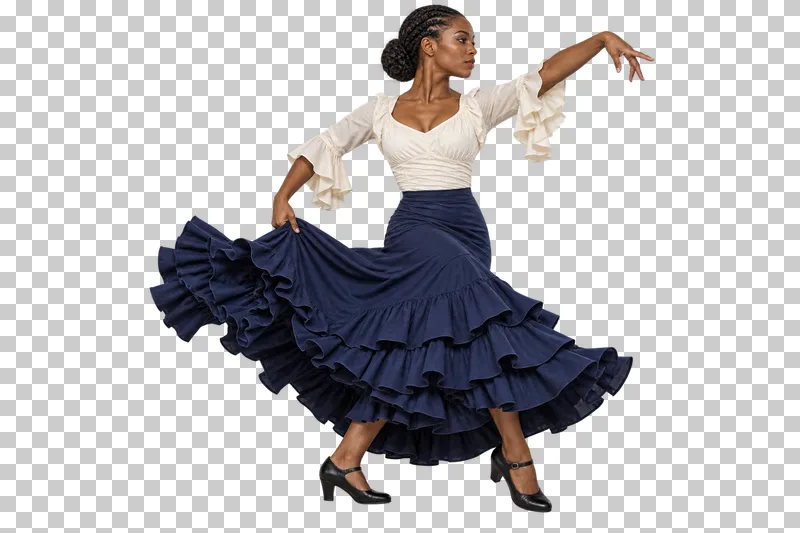 Flamenco dancer in an ivory blouse and navy ruffled skirt turning while lifting the skirt at one side.