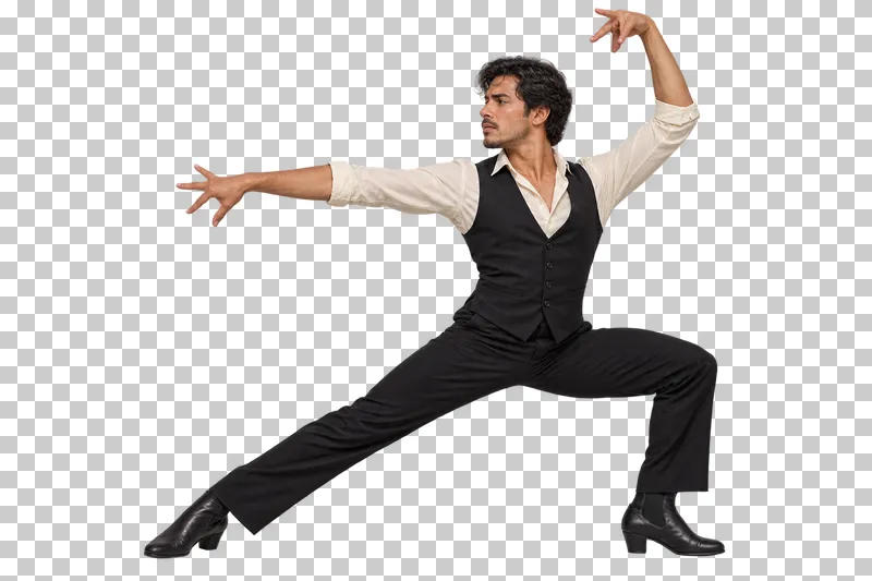 Male flamenco dancer in a cream shirt and black waistcoat holding a wide side desplante with open arms.