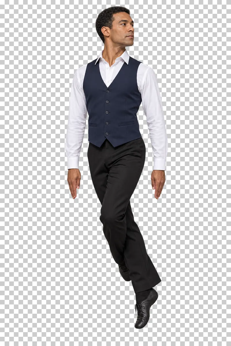 Male Irish dancer in a white shirt and navy waistcoat performing a controlled turn with arms at his sides.