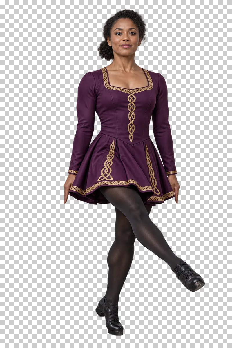 Irish dancer in a plum knee-length dress and black hard shoes performing a forward treble step.