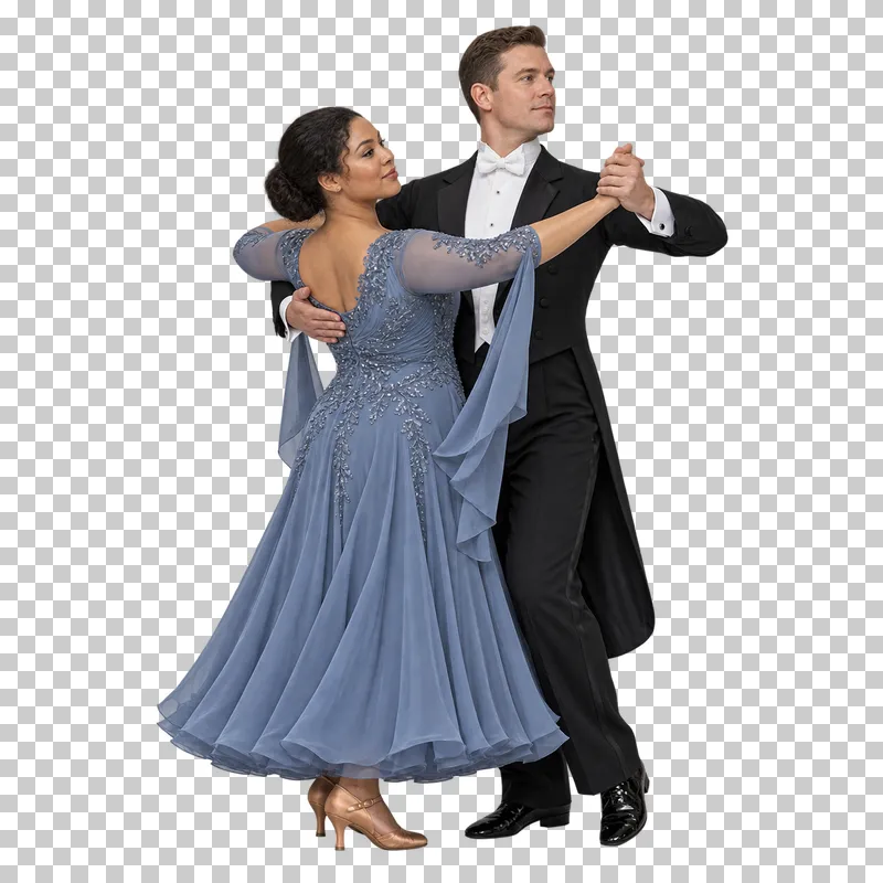 Full-length waltz couple in a dusty blue ballroom dress and black tailcoat standing in a closed ballroom hold.
