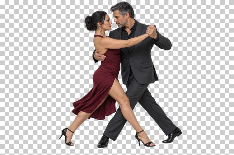 Full-length tango couple in a burgundy dress and charcoal suit taking a promenade walking step.