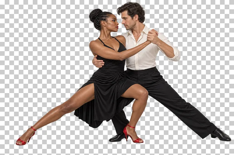 Full-length tango couple in a black dress and ivory shirt holding a shallow supported side lunge.