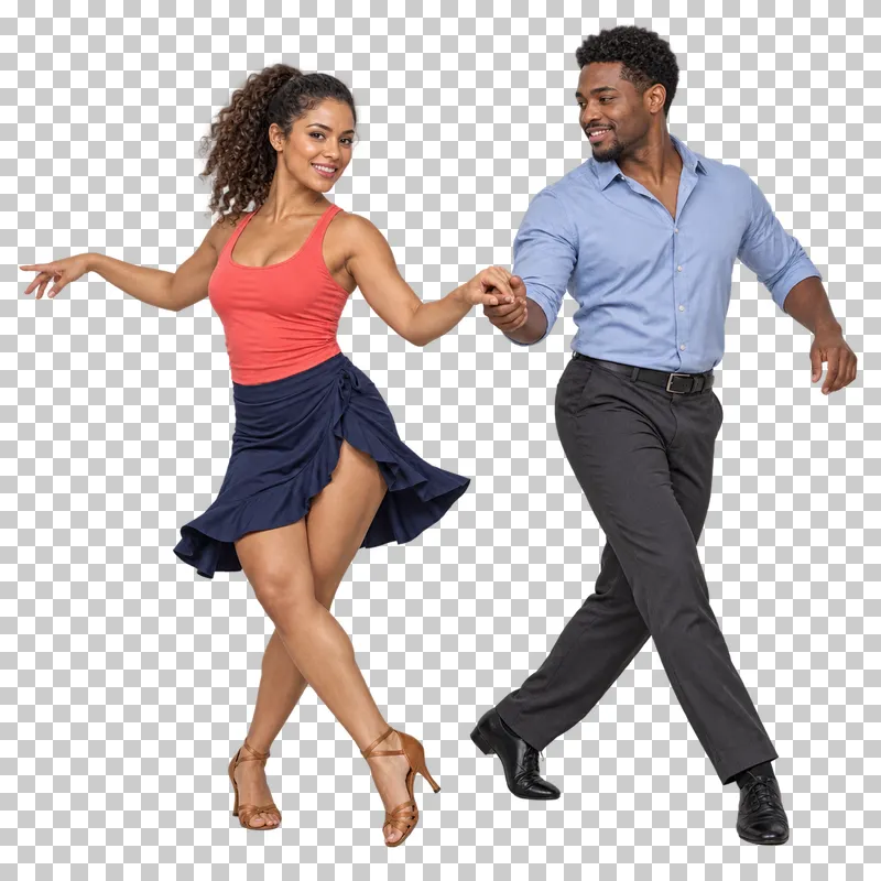Full-length salsa couple in a coral top with navy skirt and light blue shirt taking an open basic step.