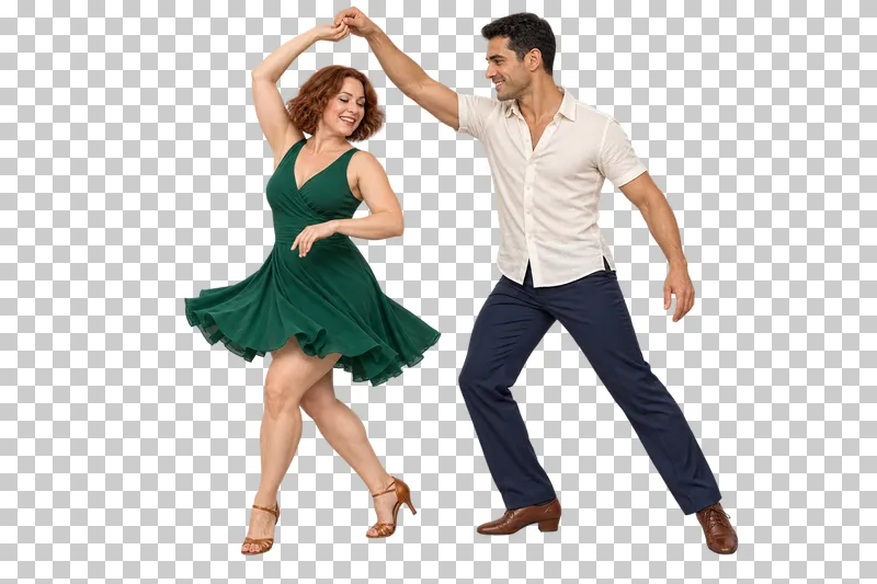 Full-length salsa couple in an emerald dress and cream shirt performing an underarm turn.
