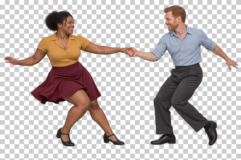 Full-length swing couple in an ochre blouse with burgundy skirt and pale blue shirt taking an open rock step.
