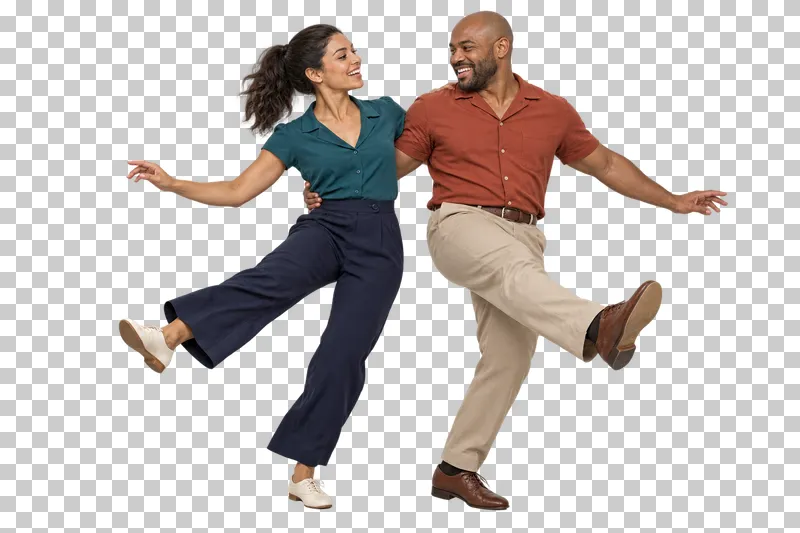 Full-length swing couple in a teal blouse and rust shirt performing coordinated side-by-side Charleston kicks.
