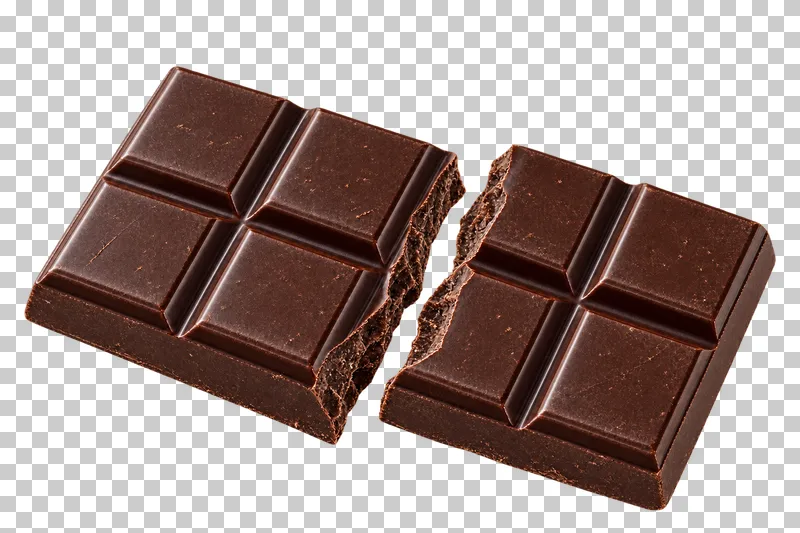 A dark chocolate tablet broken into two pieces with rough brittle fracture edges and plain rectangular segments.