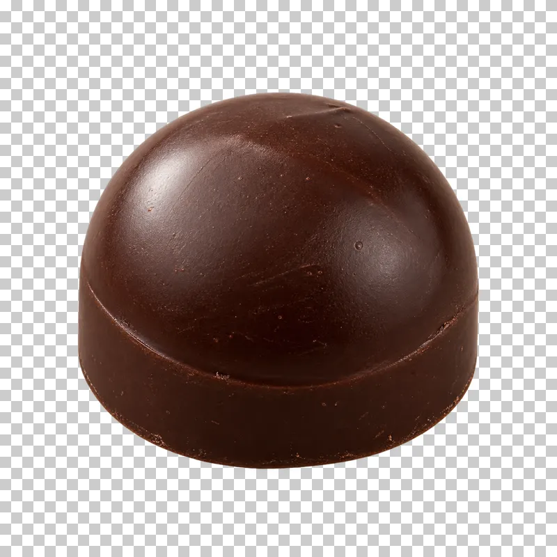 A round dark chocolate praline with a domed top and subtle surface imperfections.