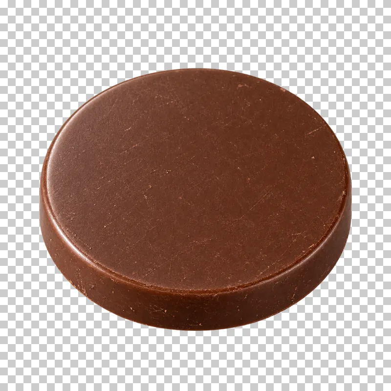 A plain round milk chocolate coin with a blank face and a slim edge.