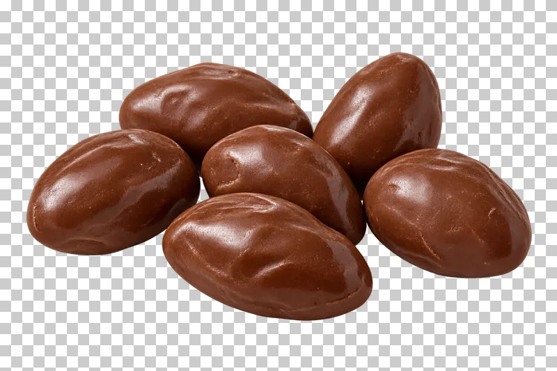 A small portion of chocolate-covered almonds with elongated shapes and slightly uneven coatings.
