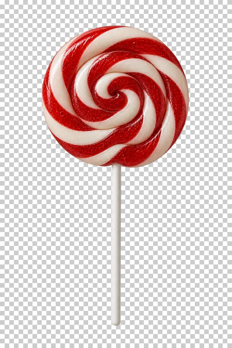 A round red and ivory spiral hard-candy lollipop on a full white stick.