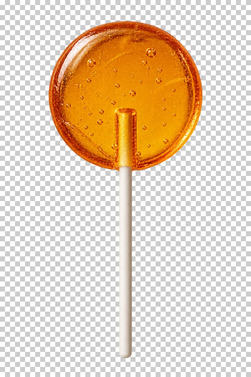 A flat translucent amber lollipop with tiny trapped bubbles and a full white stick.
